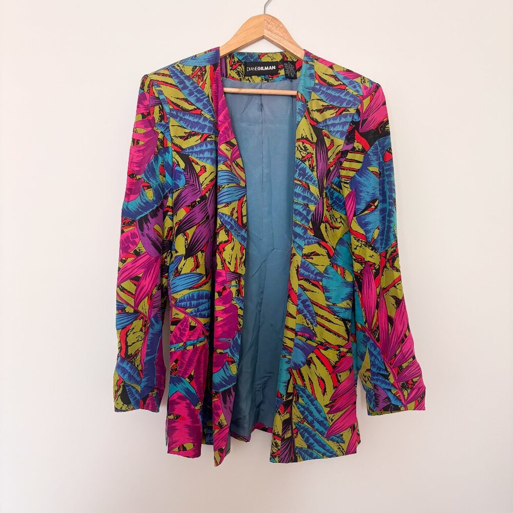 Diane Gilman 100% Silk Tropical Print Blazer Womens Large Statement Jacket